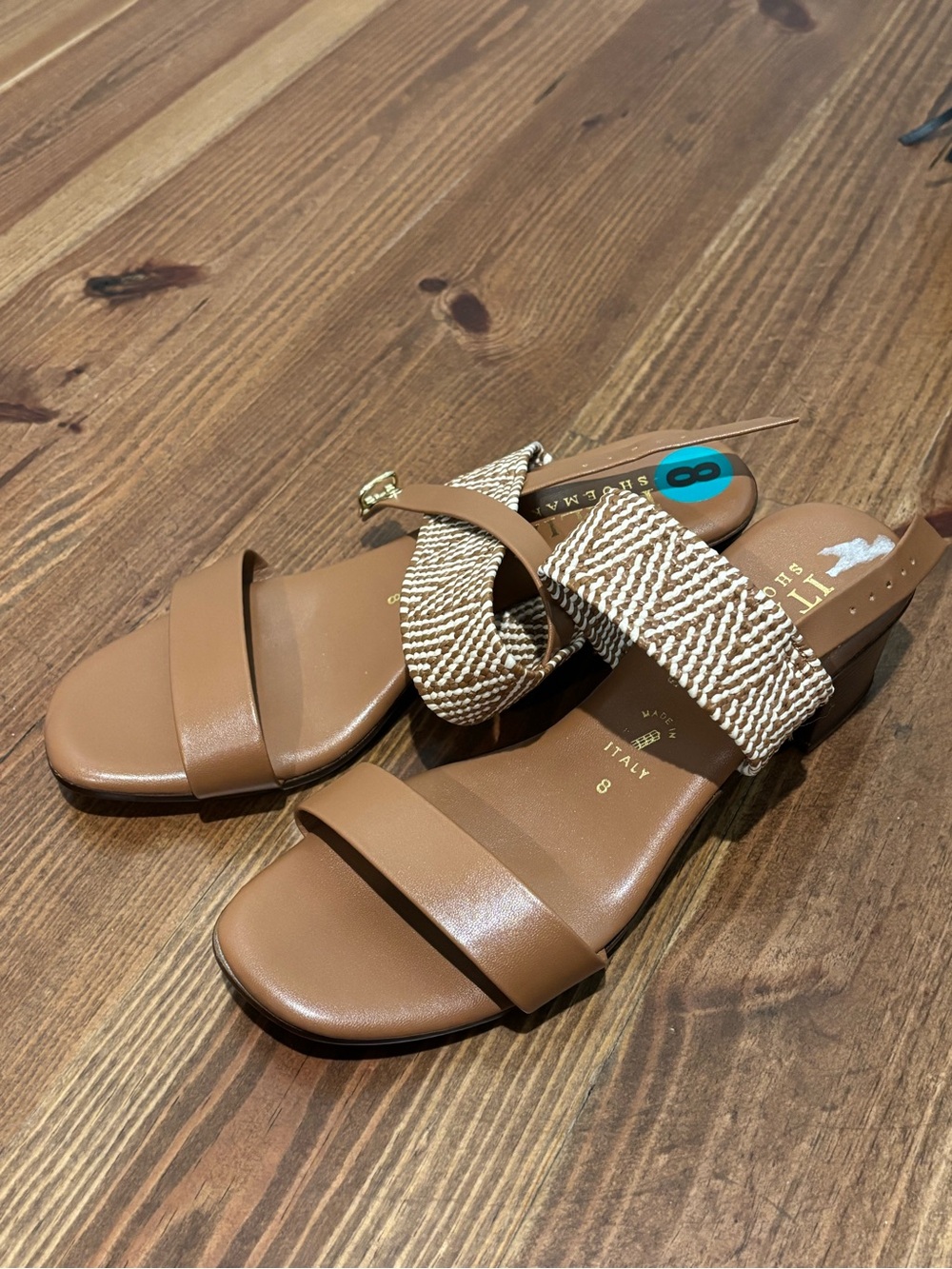 Women's Tan Leather & Woven Slide Sandal Heels